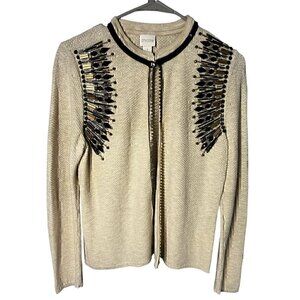 Chicos Beaded Open Front Cardigan Jacket Size 1 Beige Black Gold Embellished